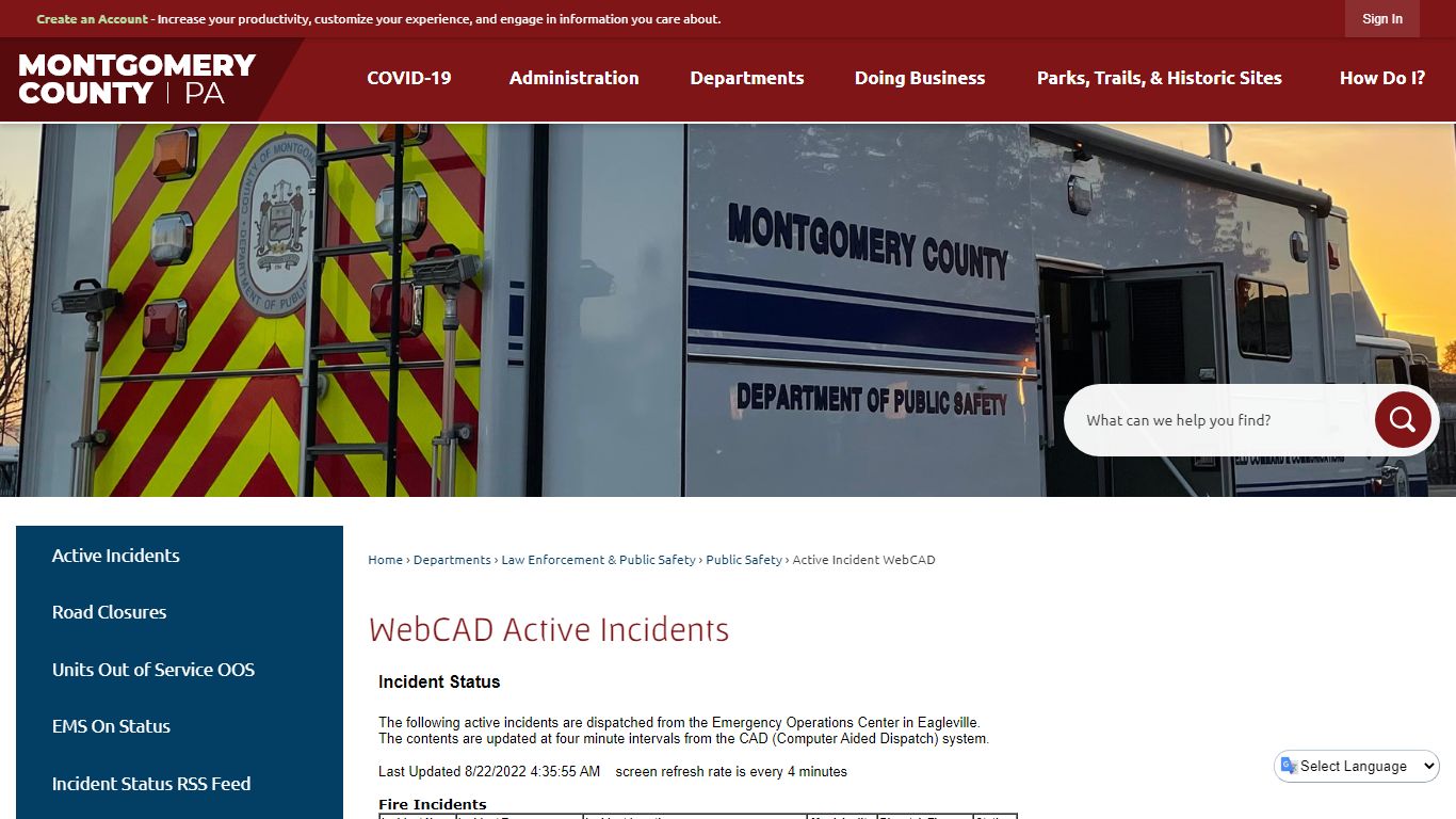 WebCAD Active Incidents | Montgomery County, PA - Official Website